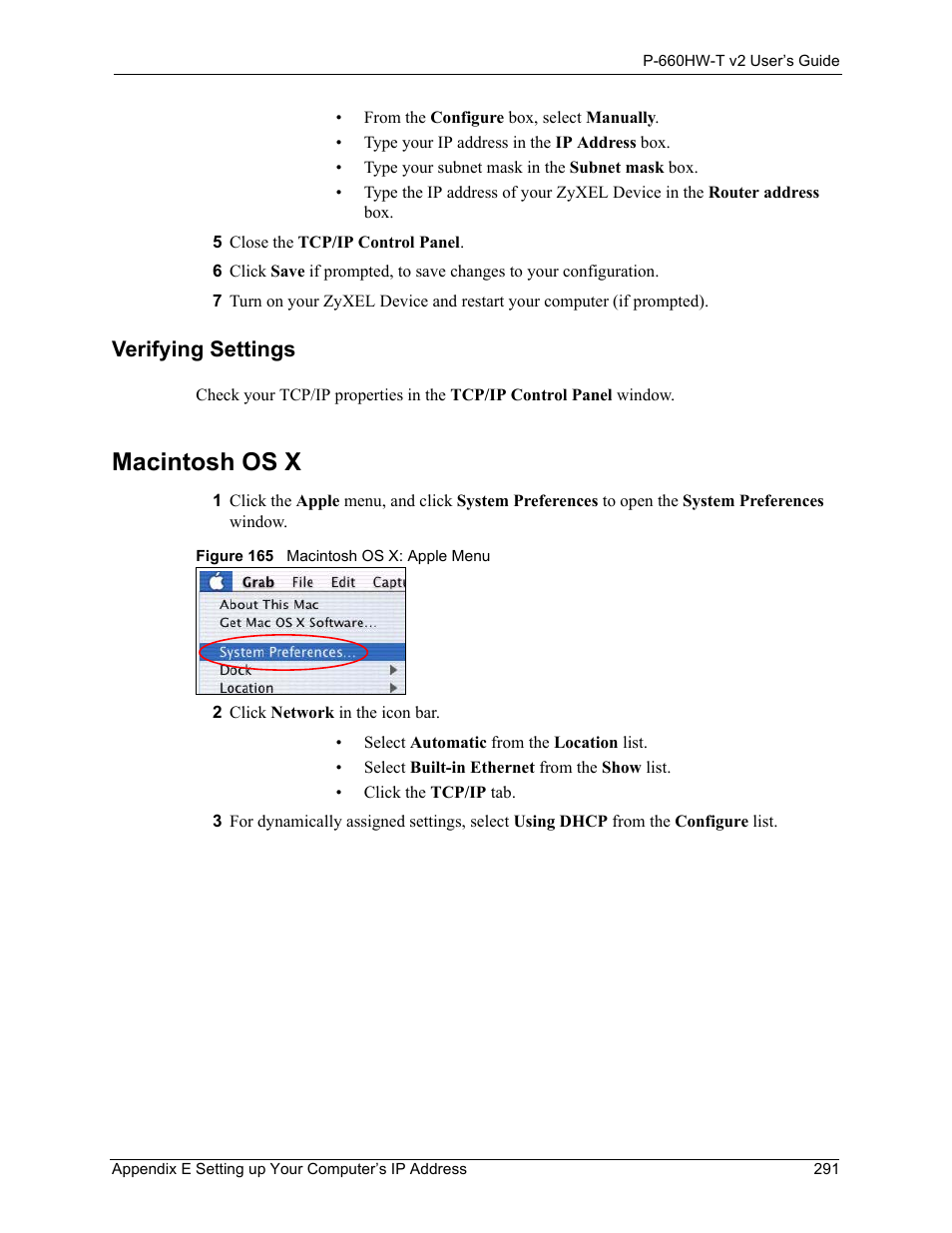 Macintosh os x, Figure 165 macintosh os x: apple menu, Verifying settings | ZyXEL Communications P-660HW-T v2 User Manual | Page 291 / 351