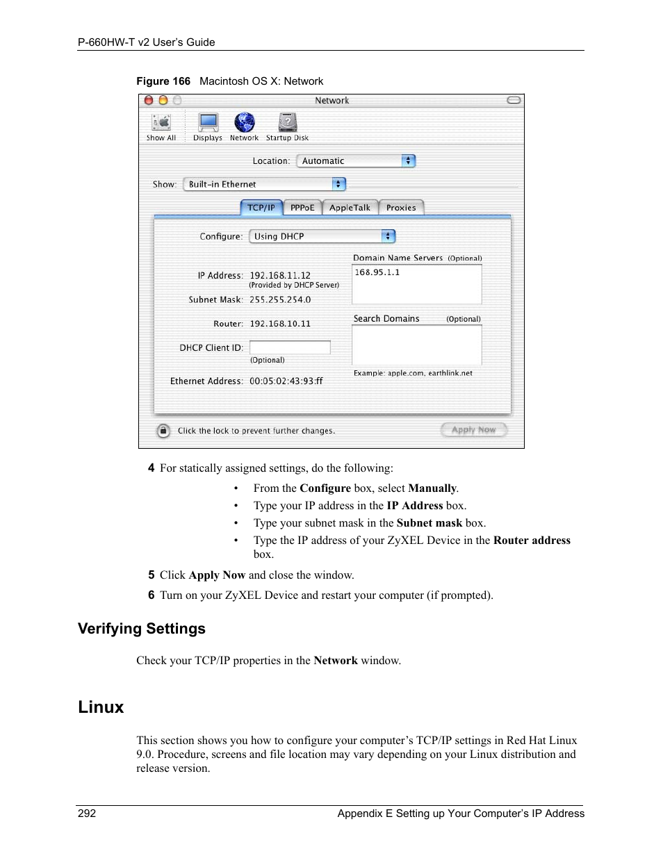Linux, Figure 166 macintosh os x: network, Verifying settings | ZyXEL Communications P-660HW-T v2 User Manual | Page 292 / 351