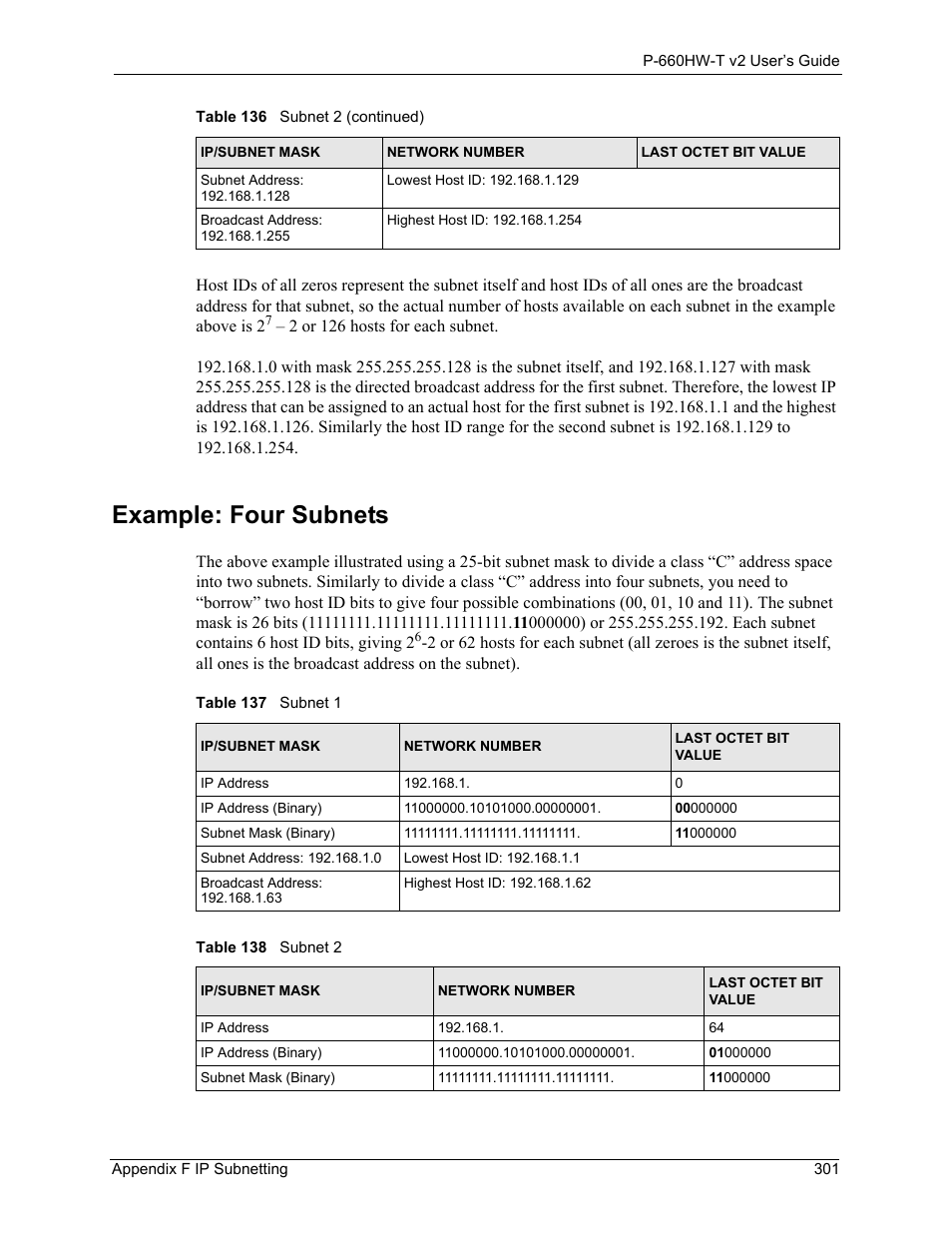 Example: four subnets, Table 137 subnet 1 table 138 subnet 2 | ZyXEL Communications P-660HW-T v2 User Manual | Page 301 / 351