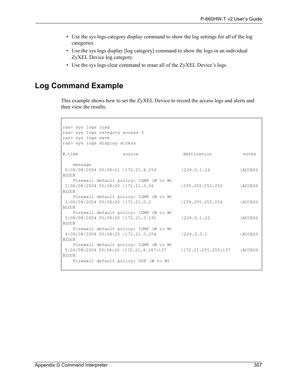 Log command example | ZyXEL Communications P-660HW-T v2 User Manual | Page 307 / 351