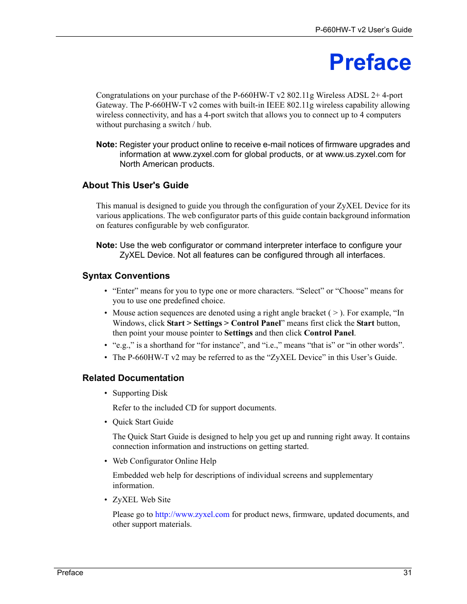 Preface | ZyXEL Communications P-660HW-T v2 User Manual | Page 31 / 351