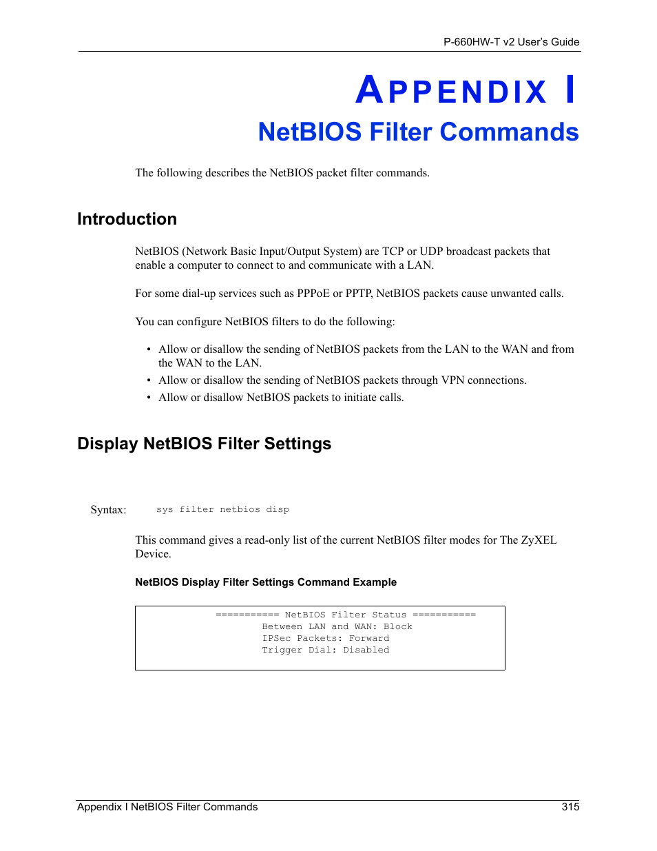 Netbios filter commands, Appendix i netbios filter commands, Introduction display netbios filter settings | ZyXEL Communications P-660HW-T v2 User Manual | Page 315 / 351