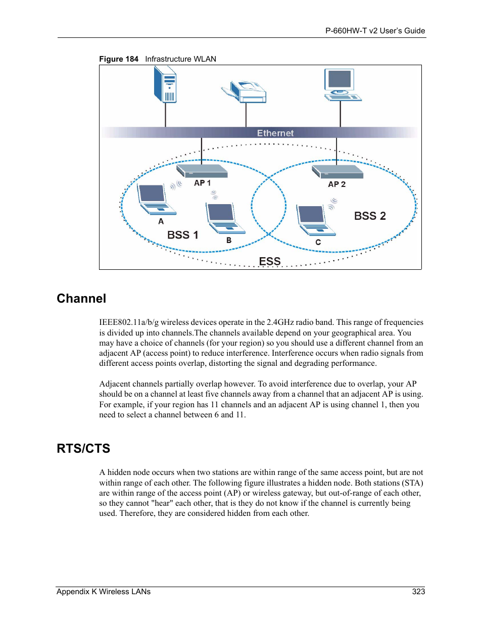 Channel rts/cts, Figure 184 infrastructure wlan, Channel | Rts/cts | ZyXEL Communications P-660HW-T v2 User Manual | Page 323 / 351