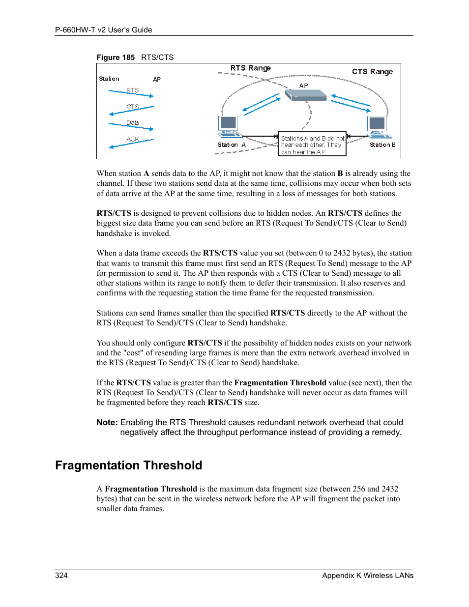 Fragmentation threshold, Figure 185 rts/cts | ZyXEL Communications P-660HW-T v2 User Manual | Page 324 / 351