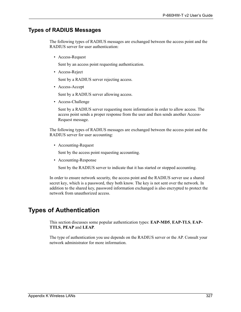 Types of authentication, Types of radius messages | ZyXEL Communications P-660HW-T v2 User Manual | Page 327 / 351