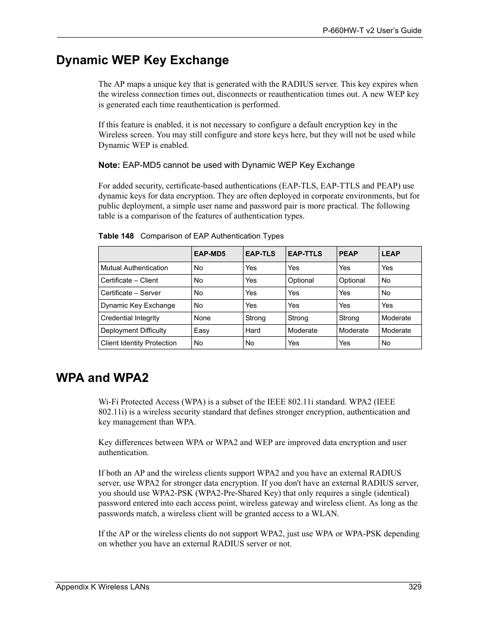 Dynamic wep key exchange wpa and wpa2, Table 148 comparison of eap authentication types, Dynamic wep key exchange | Wpa and wpa2 | ZyXEL Communications P-660HW-T v2 User Manual | Page 329 / 351