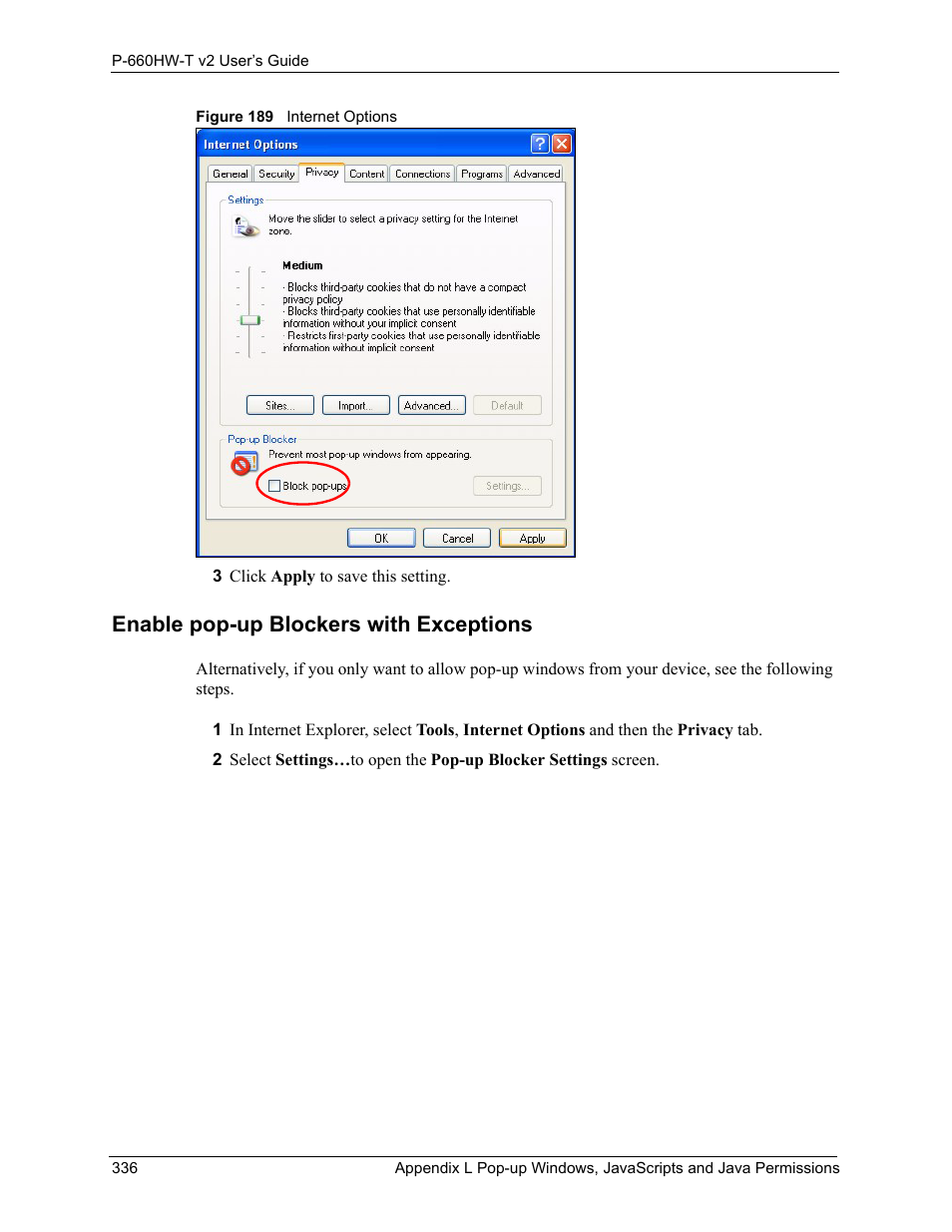 Figure 189 internet options, Enable pop-up blockers with exceptions | ZyXEL Communications P-660HW-T v2 User Manual | Page 336 / 351