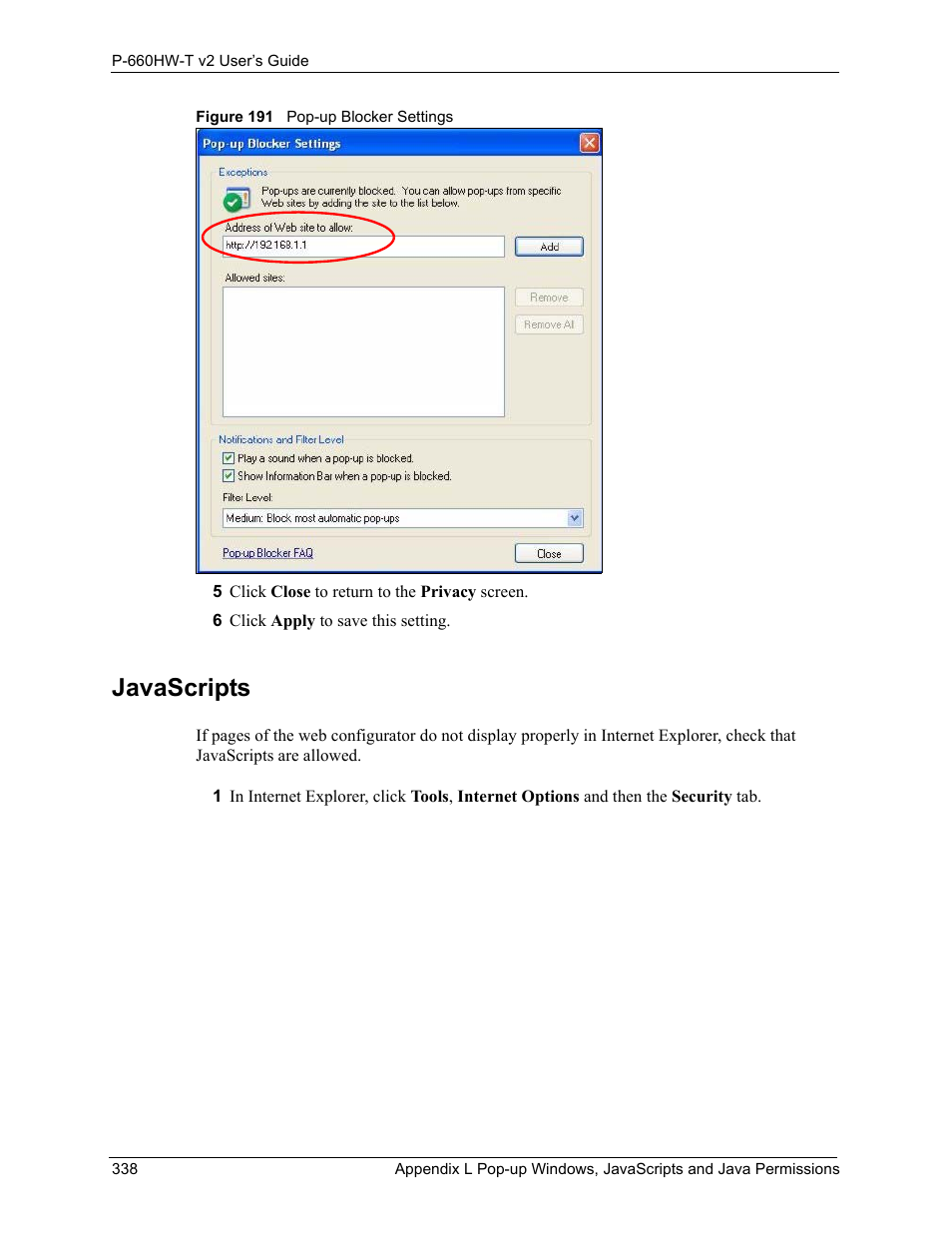 Javascripts, Figure 191 pop-up blocker settings | ZyXEL Communications P-660HW-T v2 User Manual | Page 338 / 351
