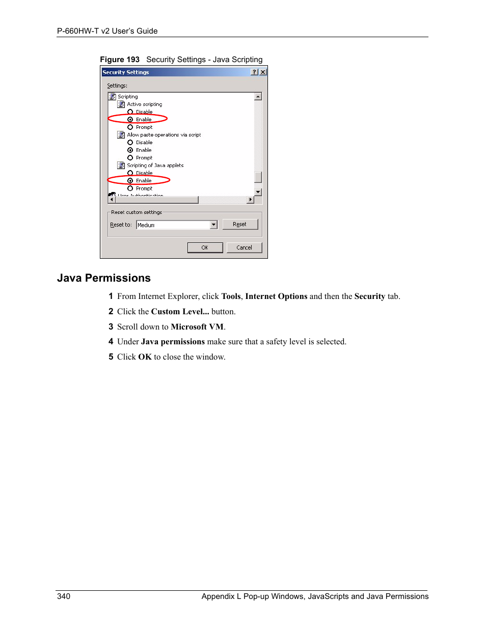Figure 193 security settings - java scripting, Java permissions | ZyXEL Communications P-660HW-T v2 User Manual | Page 340 / 351