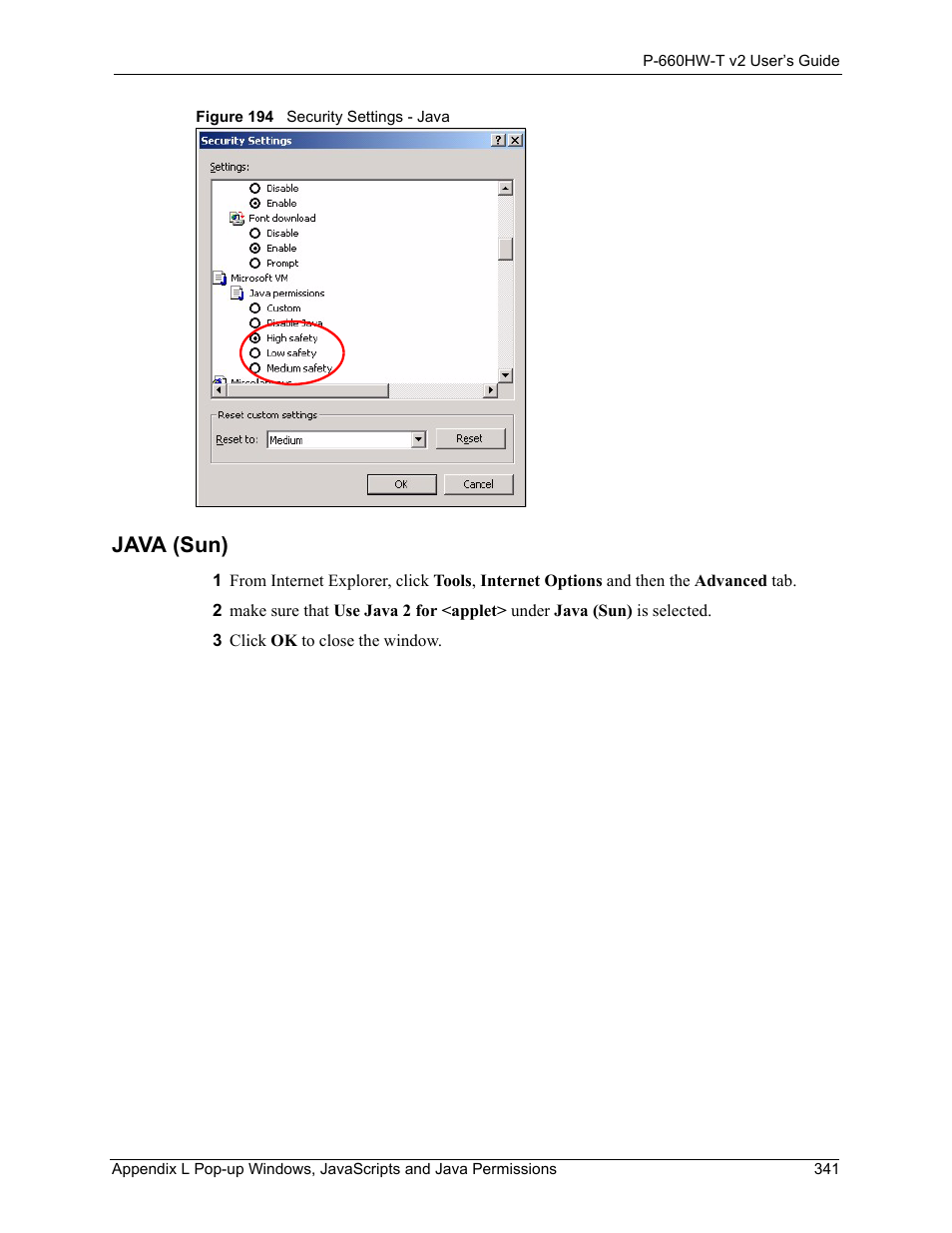 Figure 194 security settings - java, Java (sun) | ZyXEL Communications P-660HW-T v2 User Manual | Page 341 / 351