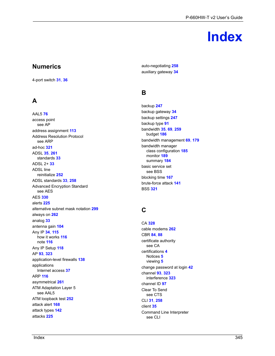 Index, Numerics | ZyXEL Communications P-660HW-T v2 User Manual | Page 345 / 351