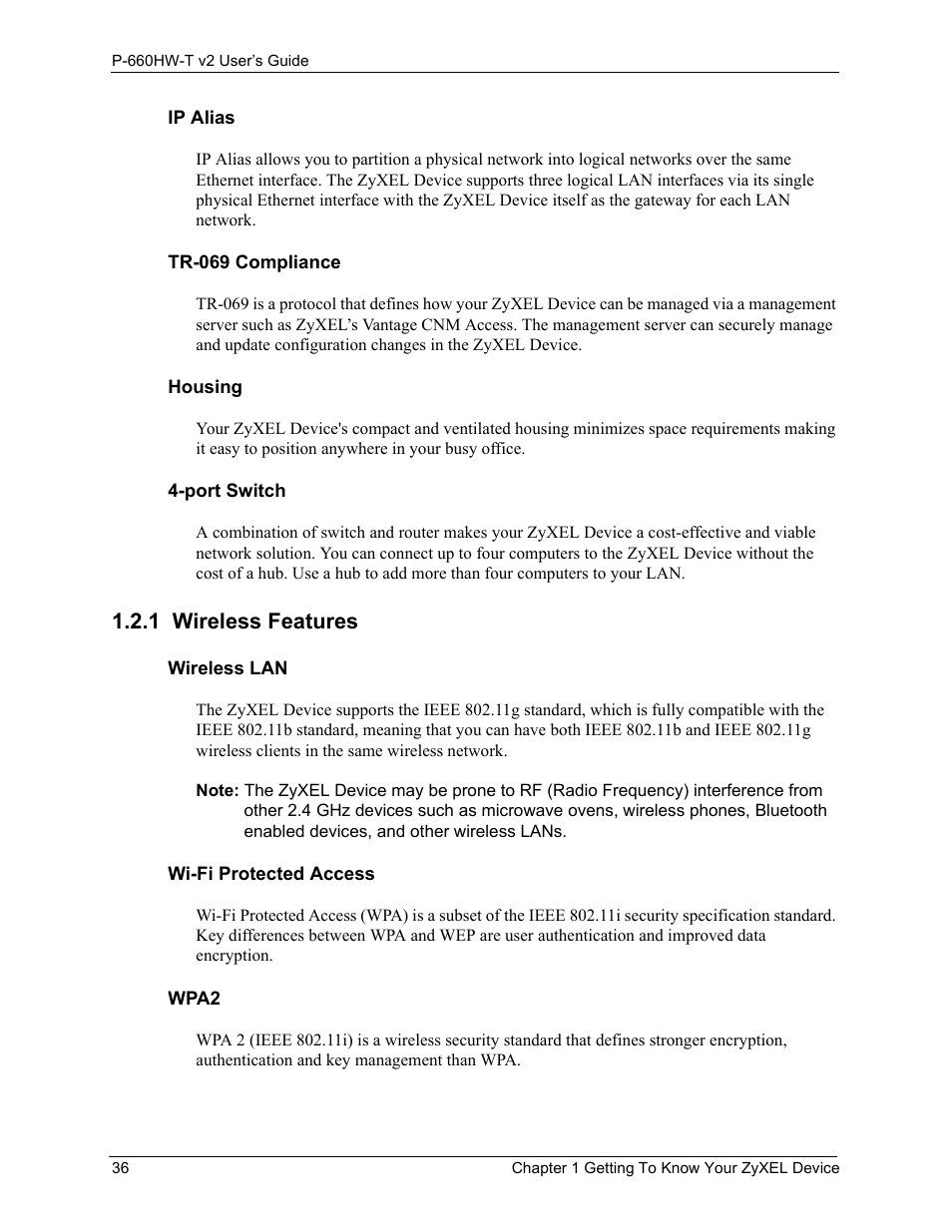 1 wireless features | ZyXEL Communications P-660HW-T v2 User Manual | Page 36 / 351