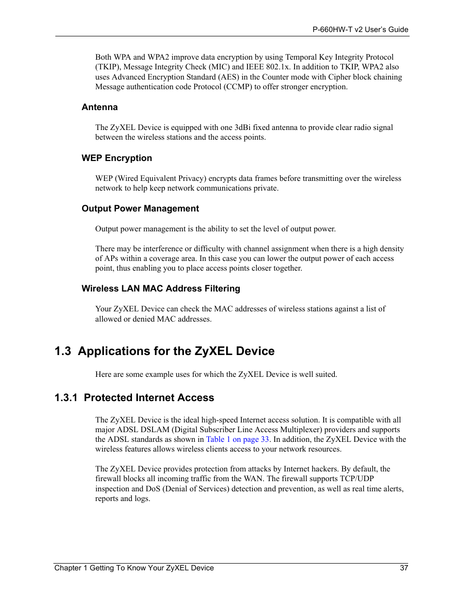 3 applications for the zyxel device, 1 protected internet access | ZyXEL Communications P-660HW-T v2 User Manual | Page 37 / 351