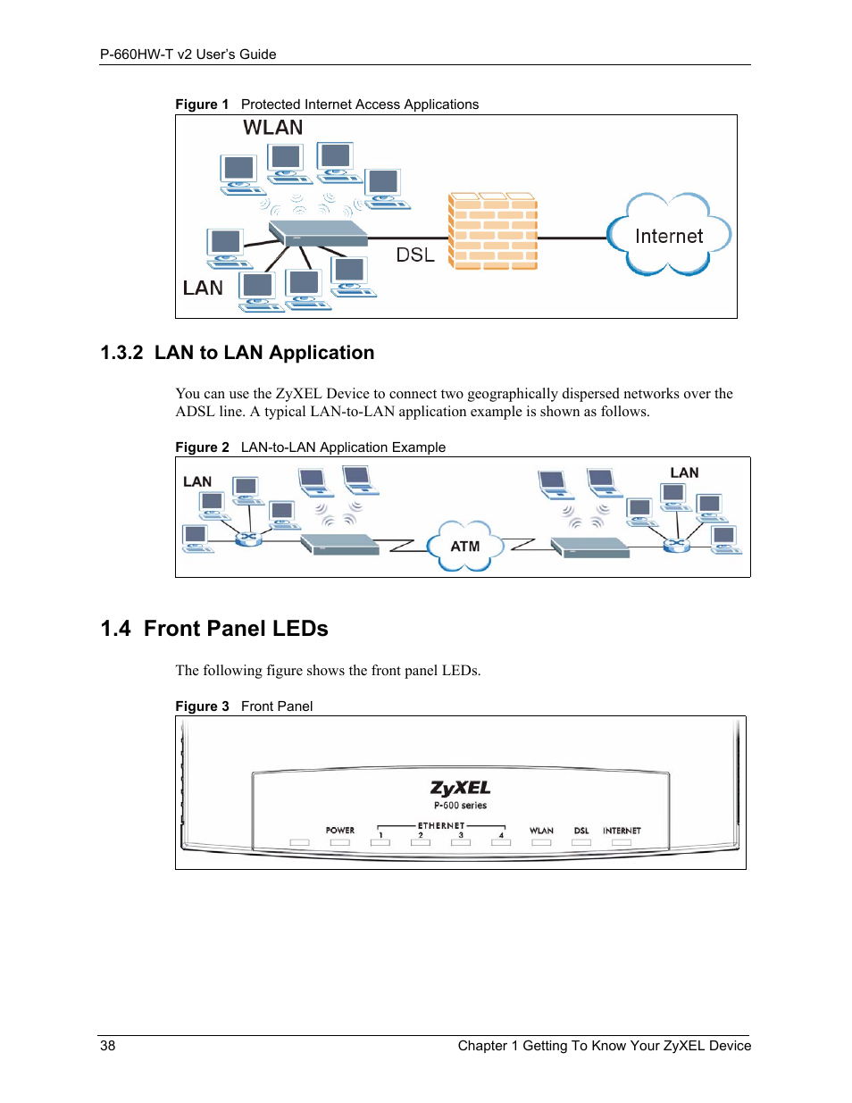 2 lan to lan application, 4 front panel leds | ZyXEL Communications P-660HW-T v2 User Manual | Page 38 / 351