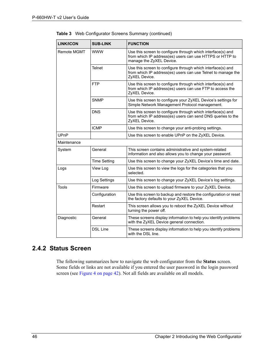 2 status screen, D refer to, Section 2.4.2 on | For more information about the | ZyXEL Communications P-660HW-T v2 User Manual | Page 46 / 351