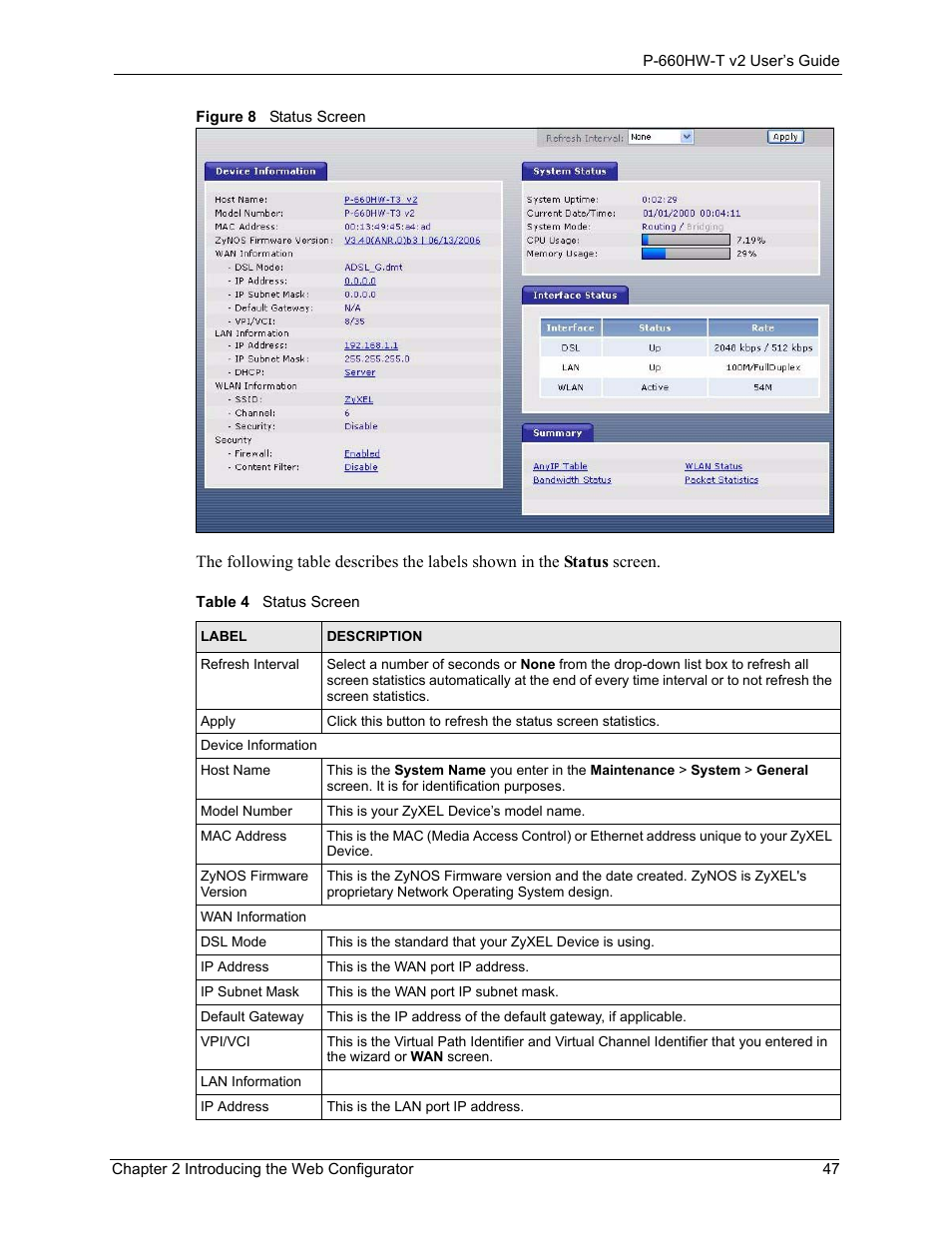 Figure 8 status screen, Table 4 status screen | ZyXEL Communications P-660HW-T v2 User Manual | Page 47 / 351