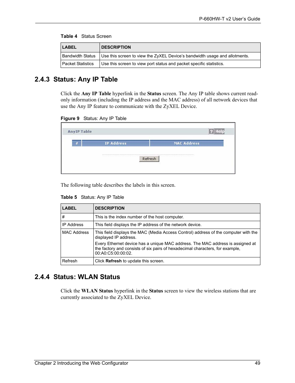 3 status: any ip table, 4 status: wlan status, 3 status: any ip table 2.4.4 status: wlan status | Figure 9 status: any ip table, Table 5 status: any ip table | ZyXEL Communications P-660HW-T v2 User Manual | Page 49 / 351