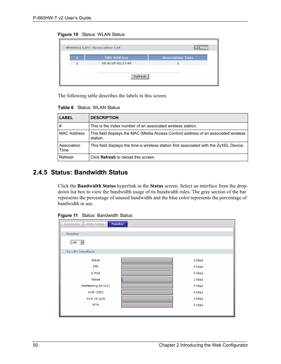 5 status: bandwidth status, Table 6 status: wlan status | ZyXEL Communications P-660HW-T v2 User Manual | Page 50 / 351
