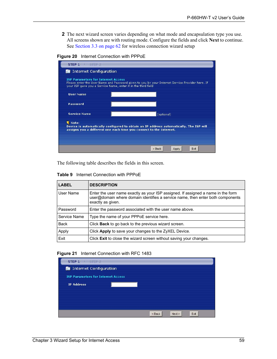 Table 9 internet connection with pppoe | ZyXEL Communications P-660HW-T v2 User Manual | Page 59 / 351