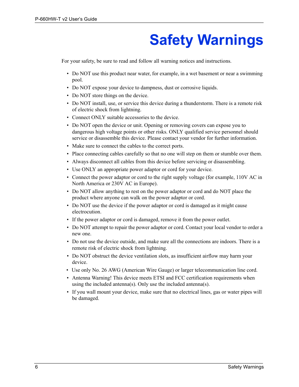 Safety warnings | ZyXEL Communications P-660HW-T v2 User Manual | Page 6 / 351