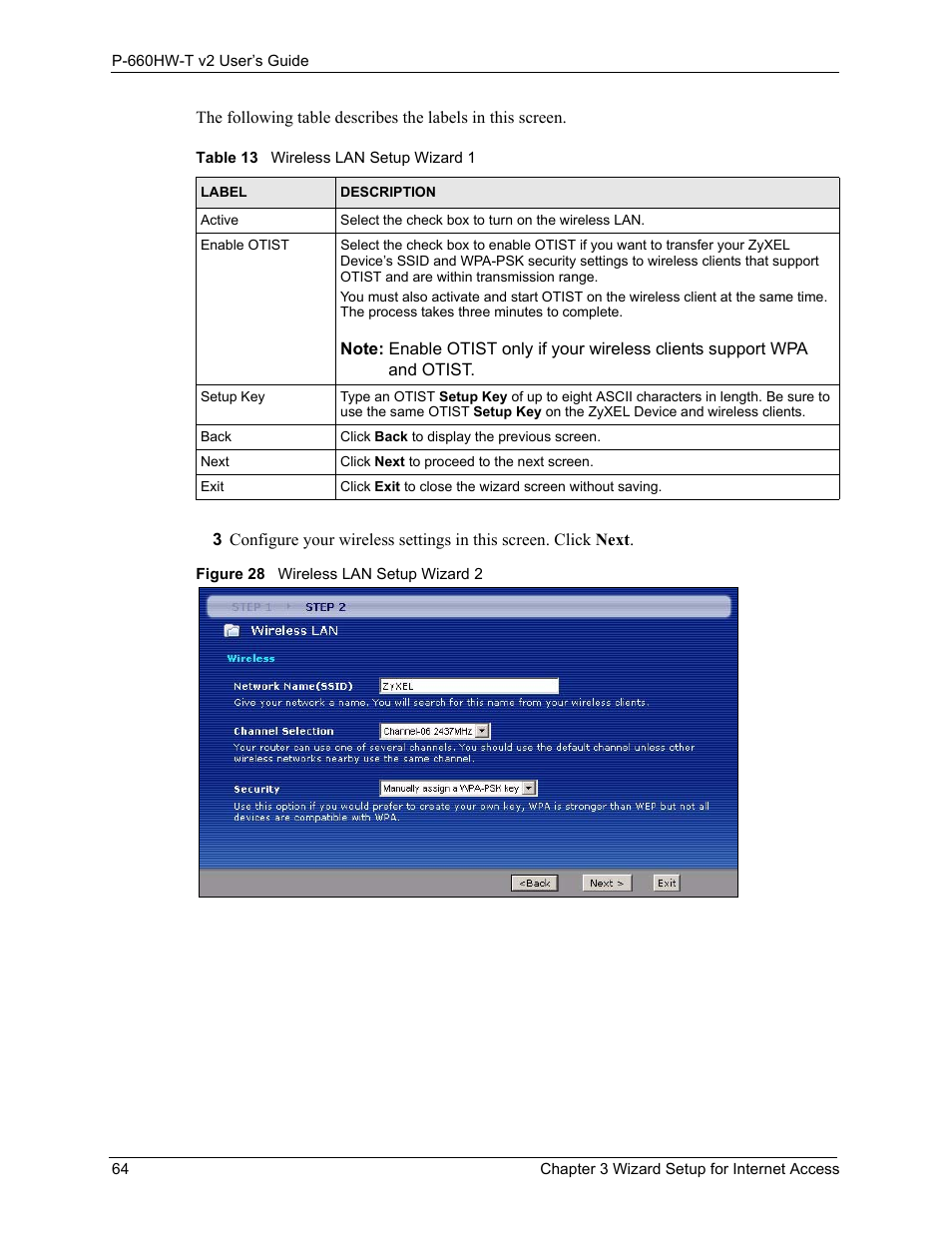 Figure 28 wireless lan setup wizard 2, Table 13 wireless lan setup wizard 1 | ZyXEL Communications P-660HW-T v2 User Manual | Page 64 / 351