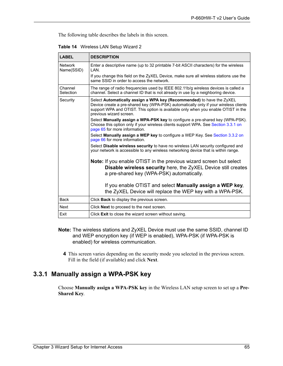 1 manually assign a wpa-psk key, Table 14 wireless lan setup wizard 2 | ZyXEL Communications P-660HW-T v2 User Manual | Page 65 / 351