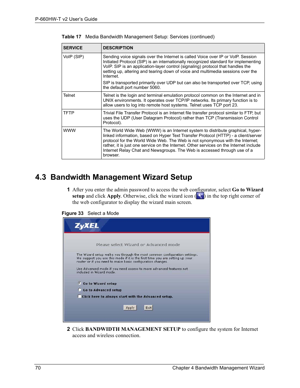 3 bandwidth management wizard setup, Figure 33 select a mode | ZyXEL Communications P-660HW-T v2 User Manual | Page 70 / 351