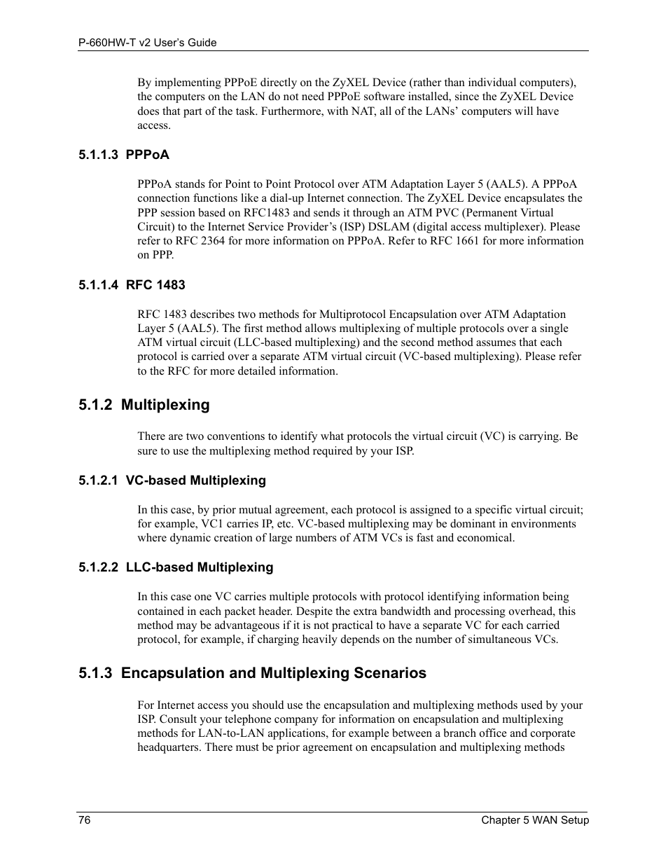 2 multiplexing, 3 encapsulation and multiplexing scenarios, 3 pppoa 5.1.1.4 rfc 1483 | ZyXEL Communications P-660HW-T v2 User Manual | Page 76 / 351