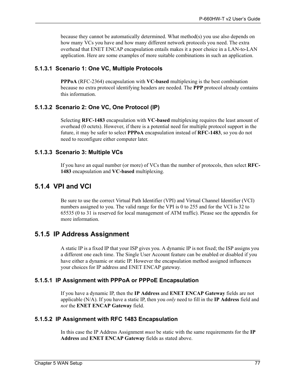 4 vpi and vci, 5 ip address assignment, 4 vpi and vci 5.1.5 ip address assignment | ZyXEL Communications P-660HW-T v2 User Manual | Page 77 / 351
