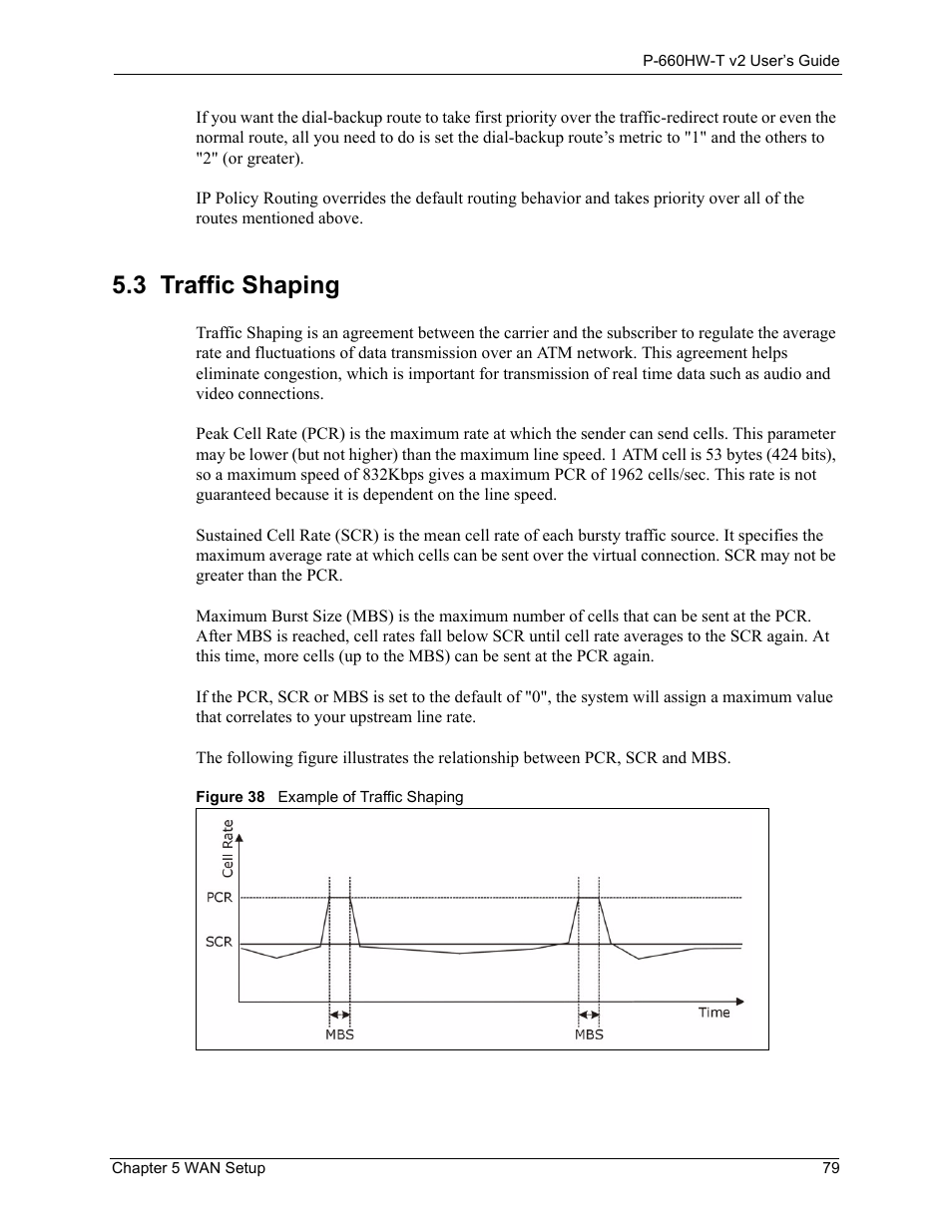 3 traffic shaping, Figure 38 example of traffic shaping | ZyXEL Communications P-660HW-T v2 User Manual | Page 79 / 351