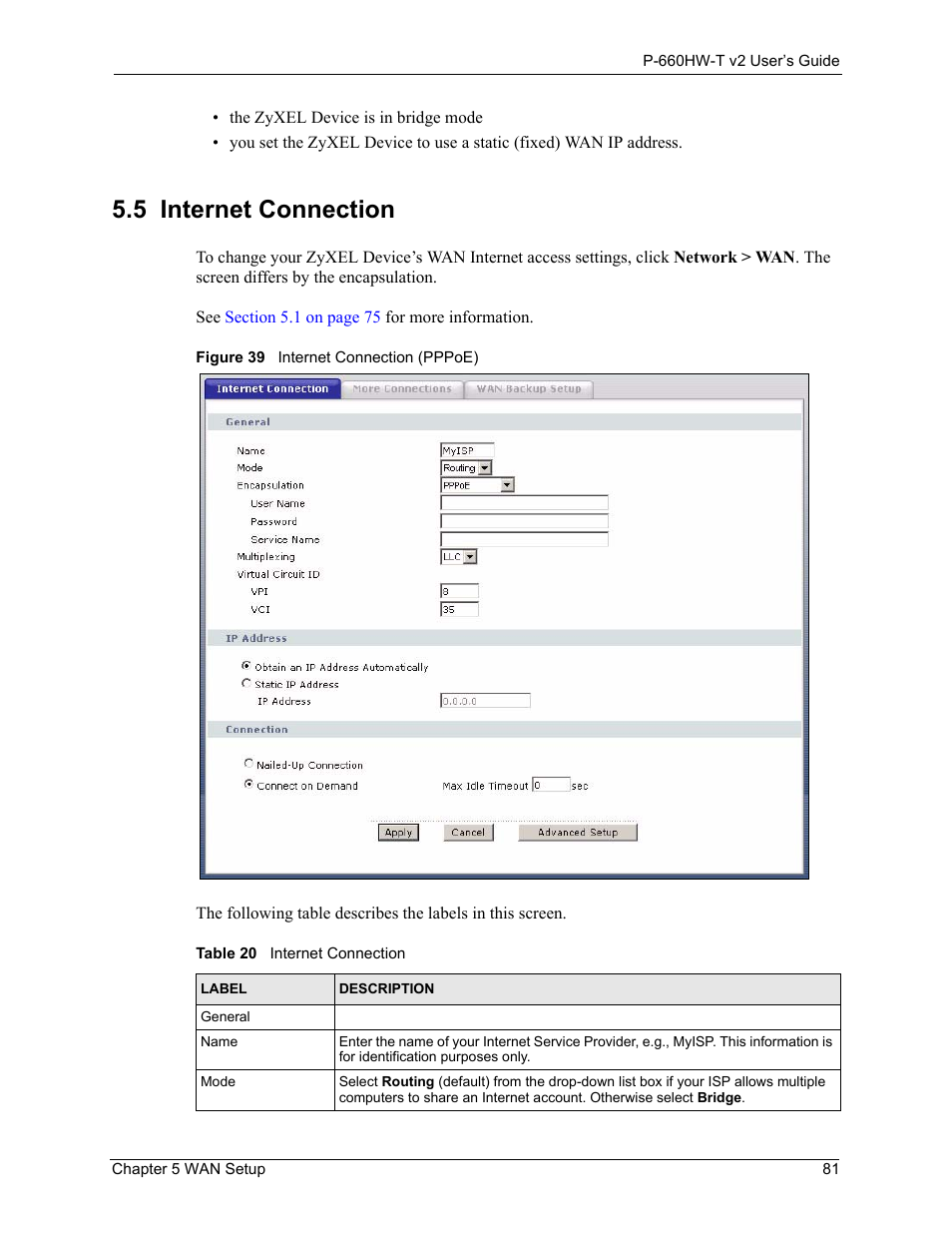 5 internet connection, Figure 39 internet connection (pppoe), Table 20 internet connection | ZyXEL Communications P-660HW-T v2 User Manual | Page 81 / 351