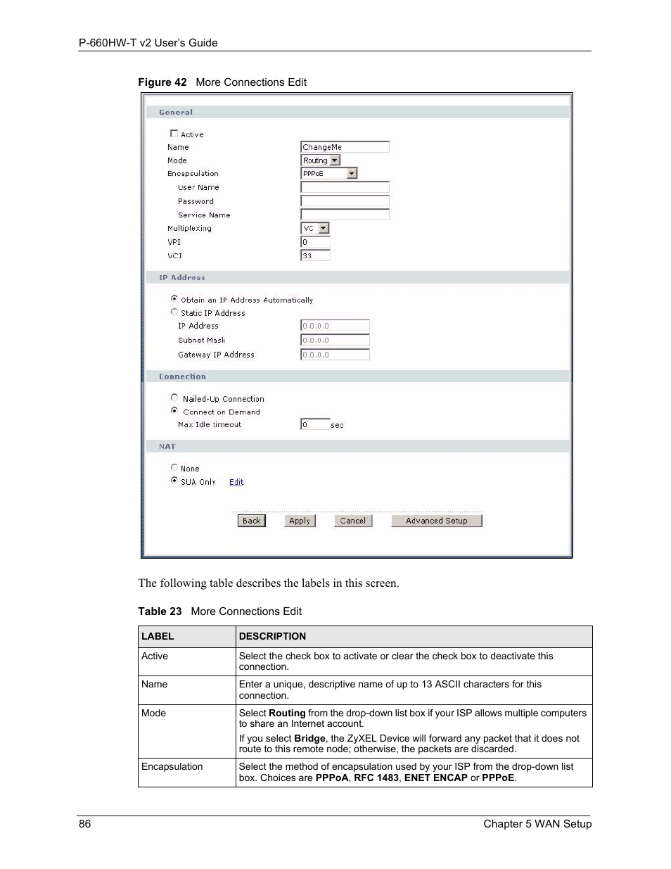 Figure 42 more connections edit, Table 23 more connections edit | ZyXEL Communications P-660HW-T v2 User Manual | Page 86 / 351