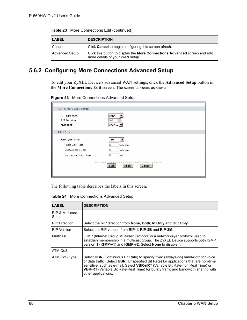 2 configuring more connections advanced setup, Figure 43 more connections advanced setup, Table 24 more connections advanced setup | ZyXEL Communications P-660HW-T v2 User Manual | Page 88 / 351