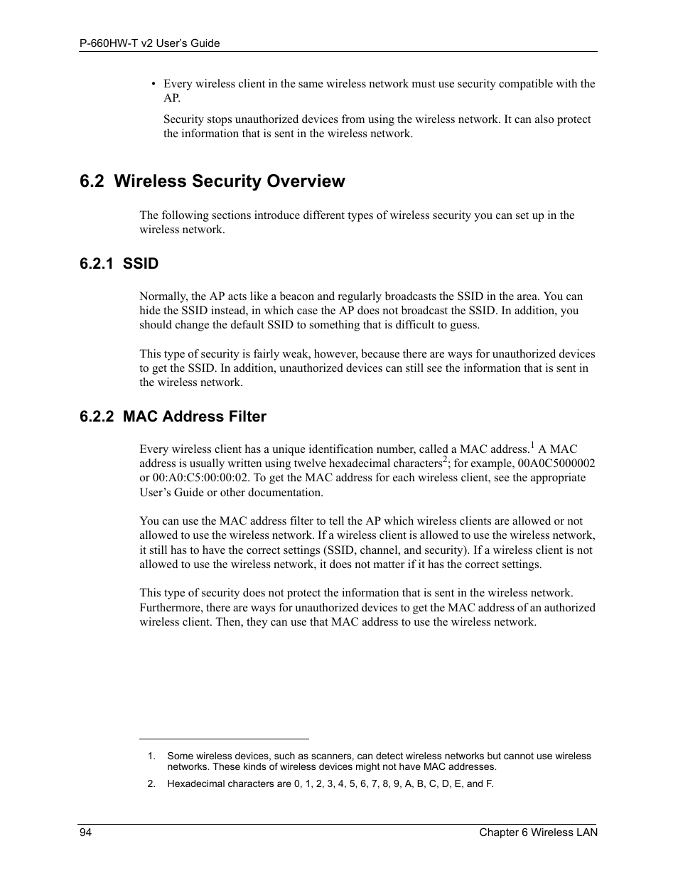 2 wireless security overview, 1 ssid, 2 mac address filter | 1 ssid 6.2.2 mac address filter | ZyXEL Communications P-660HW-T v2 User Manual | Page 94 / 351