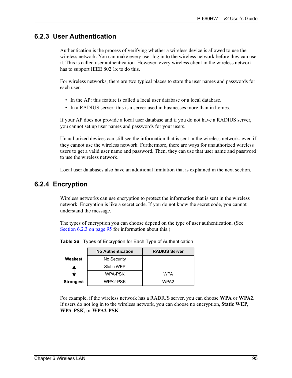 3 user authentication, 4 encryption, 3 user authentication 6.2.4 encryption | ZyXEL Communications P-660HW-T v2 User Manual | Page 95 / 351