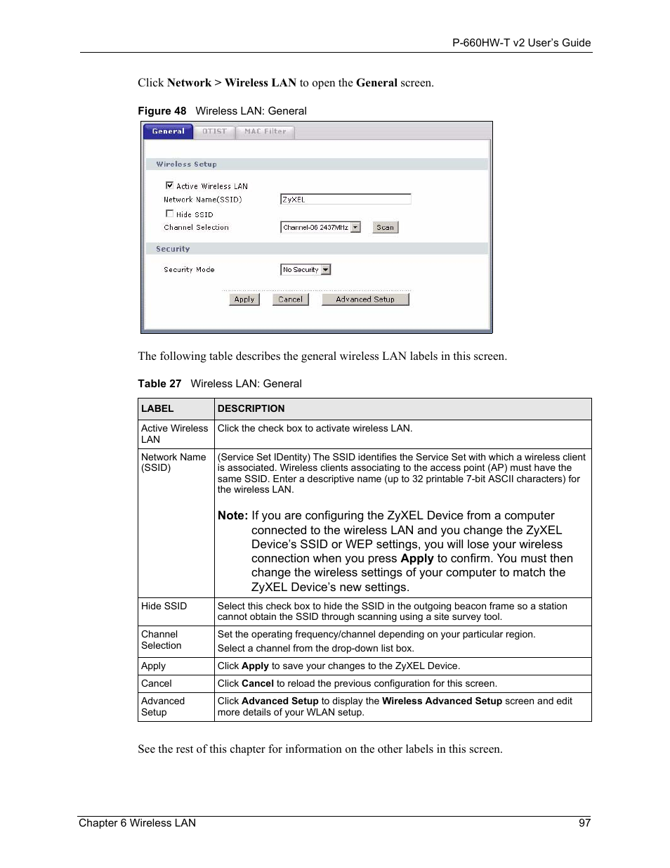 Figure 48 wireless lan: general, Table 27 wireless lan: general | ZyXEL Communications P-660HW-T v2 User Manual | Page 97 / 351