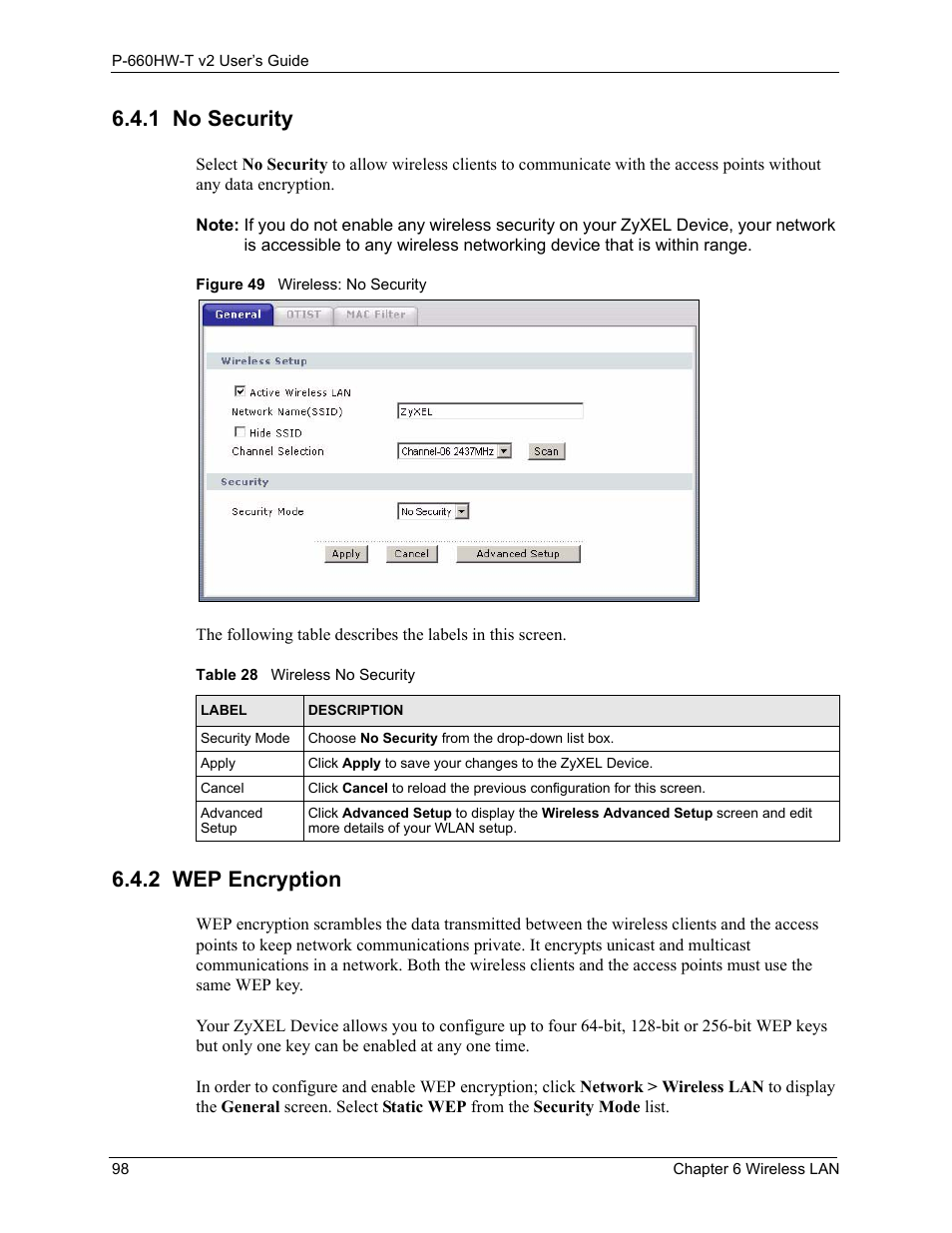 1 no security, 2 wep encryption, 1 no security 6.4.2 wep encryption | Figure 49 wireless: no security, Table 28 wireless no security | ZyXEL Communications P-660HW-T v2 User Manual | Page 98 / 351