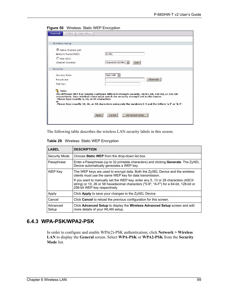 3 wpa-psk/wpa2-psk, Figure 50 wireless: static wep encryption, Table 29 wireless: static wep encryption | ZyXEL Communications P-660HW-T v2 User Manual | Page 99 / 351