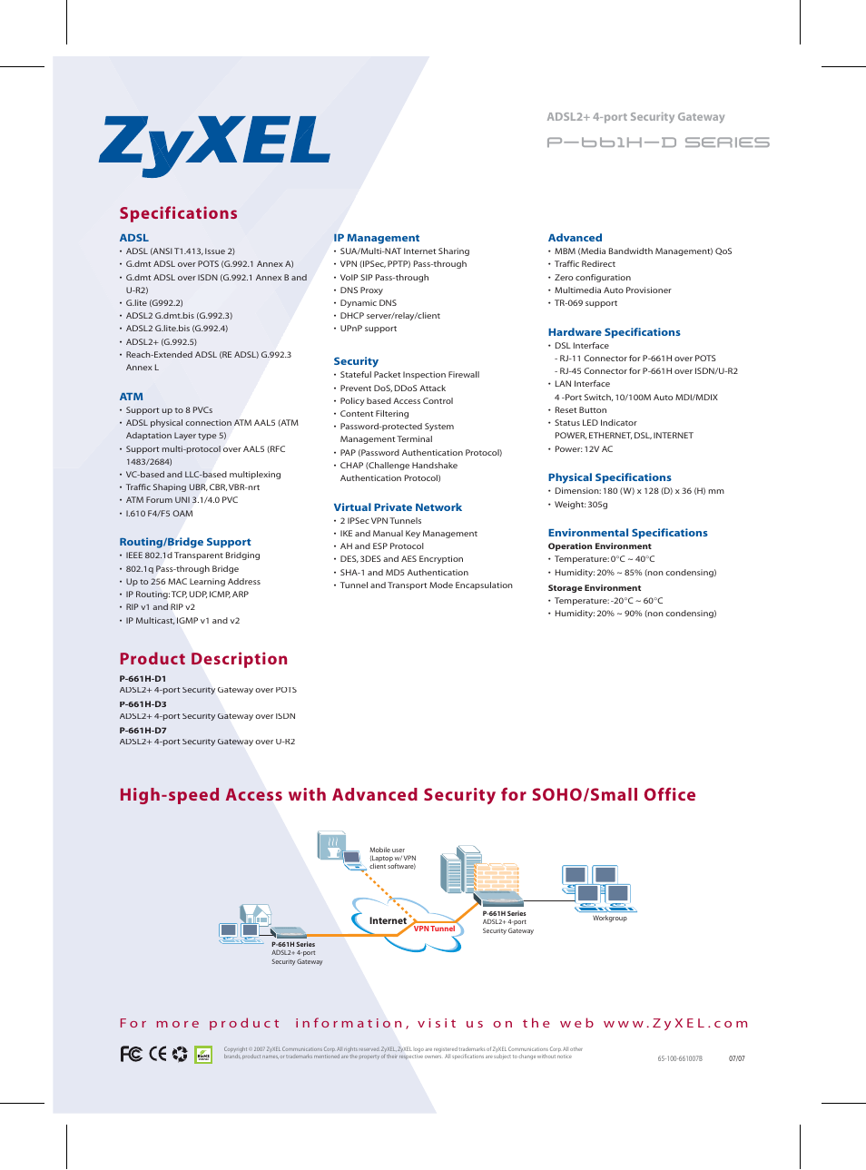 Specifications product description | ZyXEL Communications ADSL2+ P-661H-D User Manual | Page 2 / 2