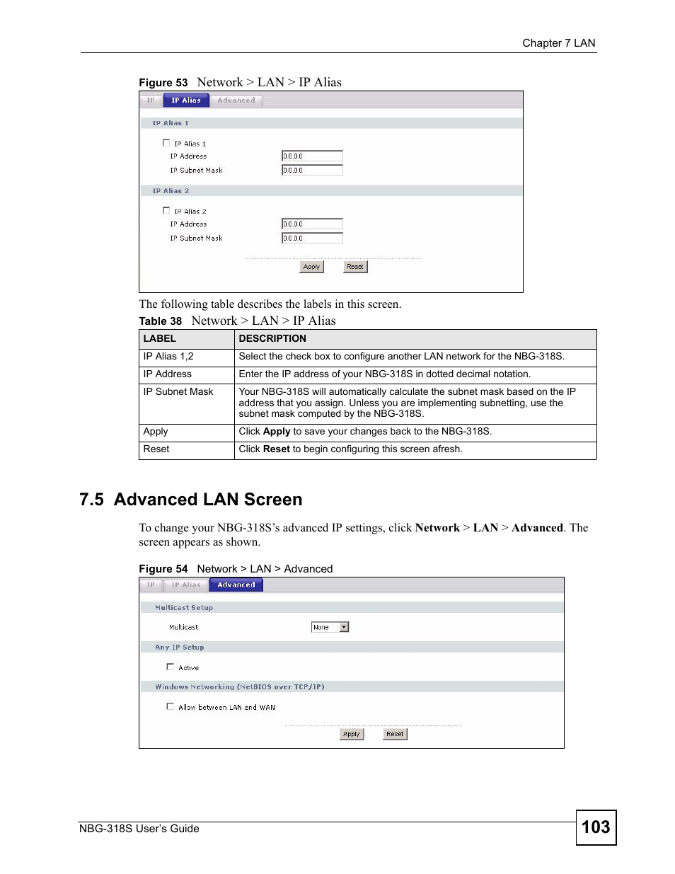 5 advanced lan screen, Table 38 network > lan > ip alias | ZyXEL Communications NBG-318S User Manual | Page 103 / 286