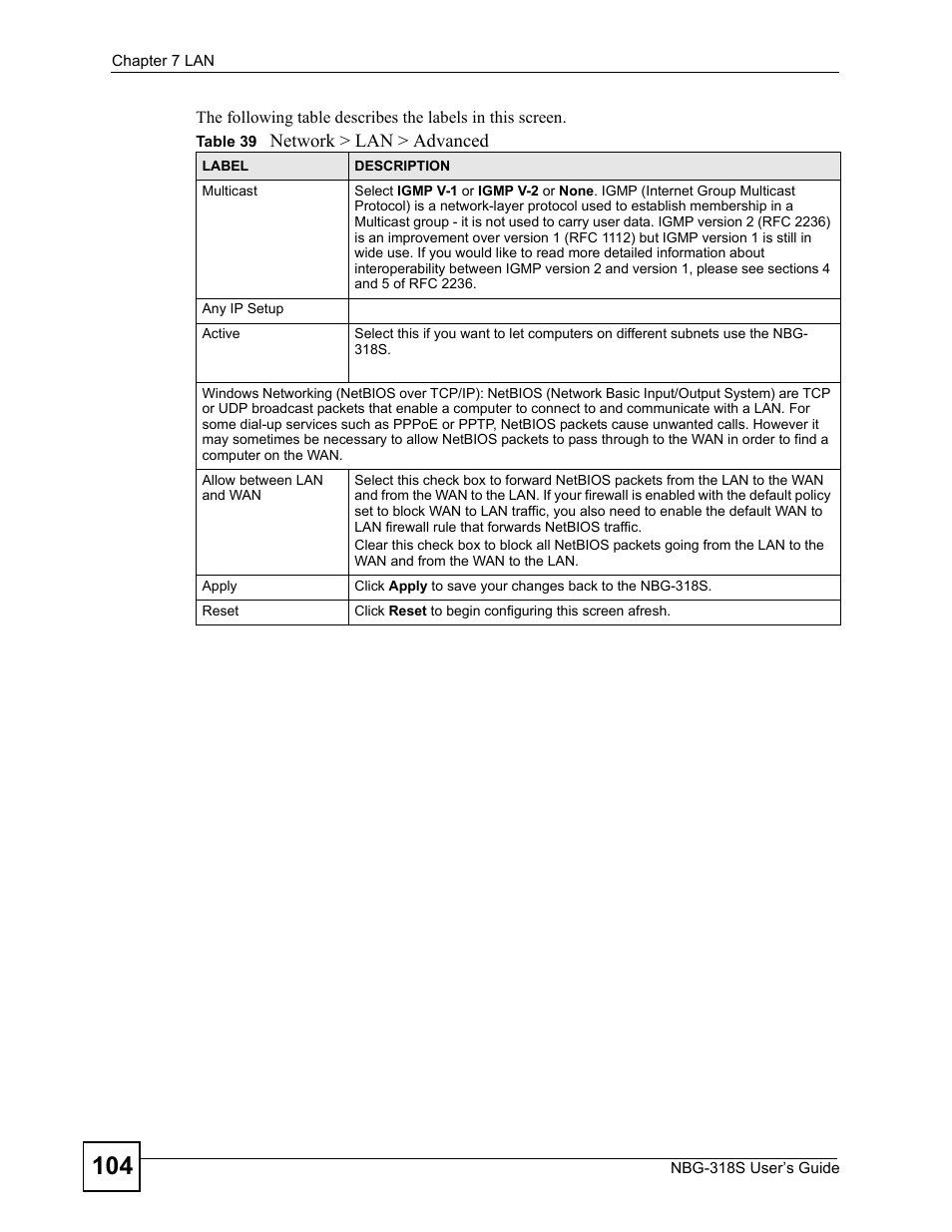 Table 39 network > lan > advanced | ZyXEL Communications NBG-318S User Manual | Page 104 / 286