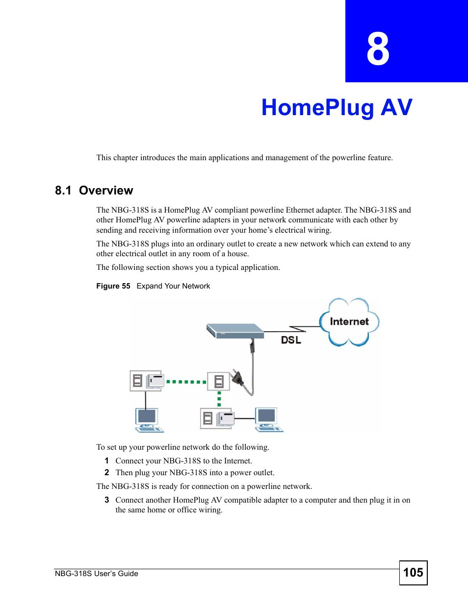 Homeplug av, 1 overview, Chapter 8 homeplug av | Figure 55 expand your network, Homeplug av (105) | ZyXEL Communications NBG-318S User Manual | Page 105 / 286