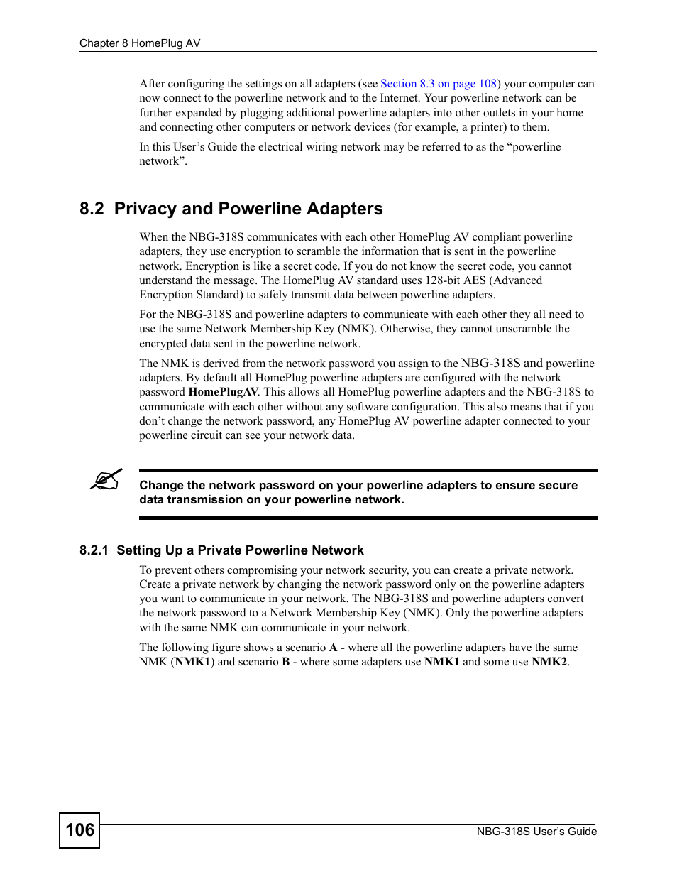 2 privacy and powerline adapters, 1 setting up a private powerline network | ZyXEL Communications NBG-318S User Manual | Page 106 / 286