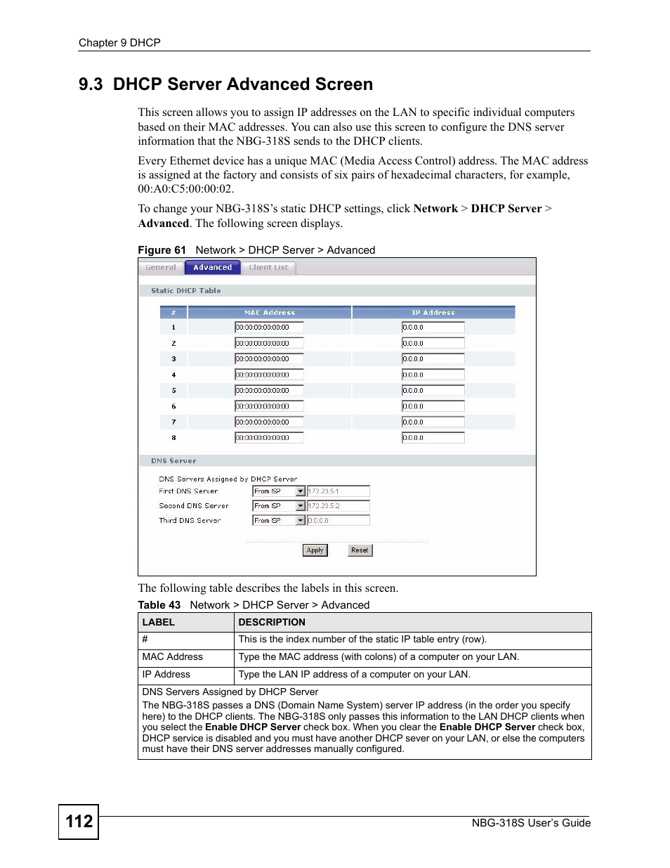 3 dhcp server advanced screen, Figure 61 network > dhcp server > advanced, Table 43 network > dhcp server > advanced | ZyXEL Communications NBG-318S User Manual | Page 112 / 286