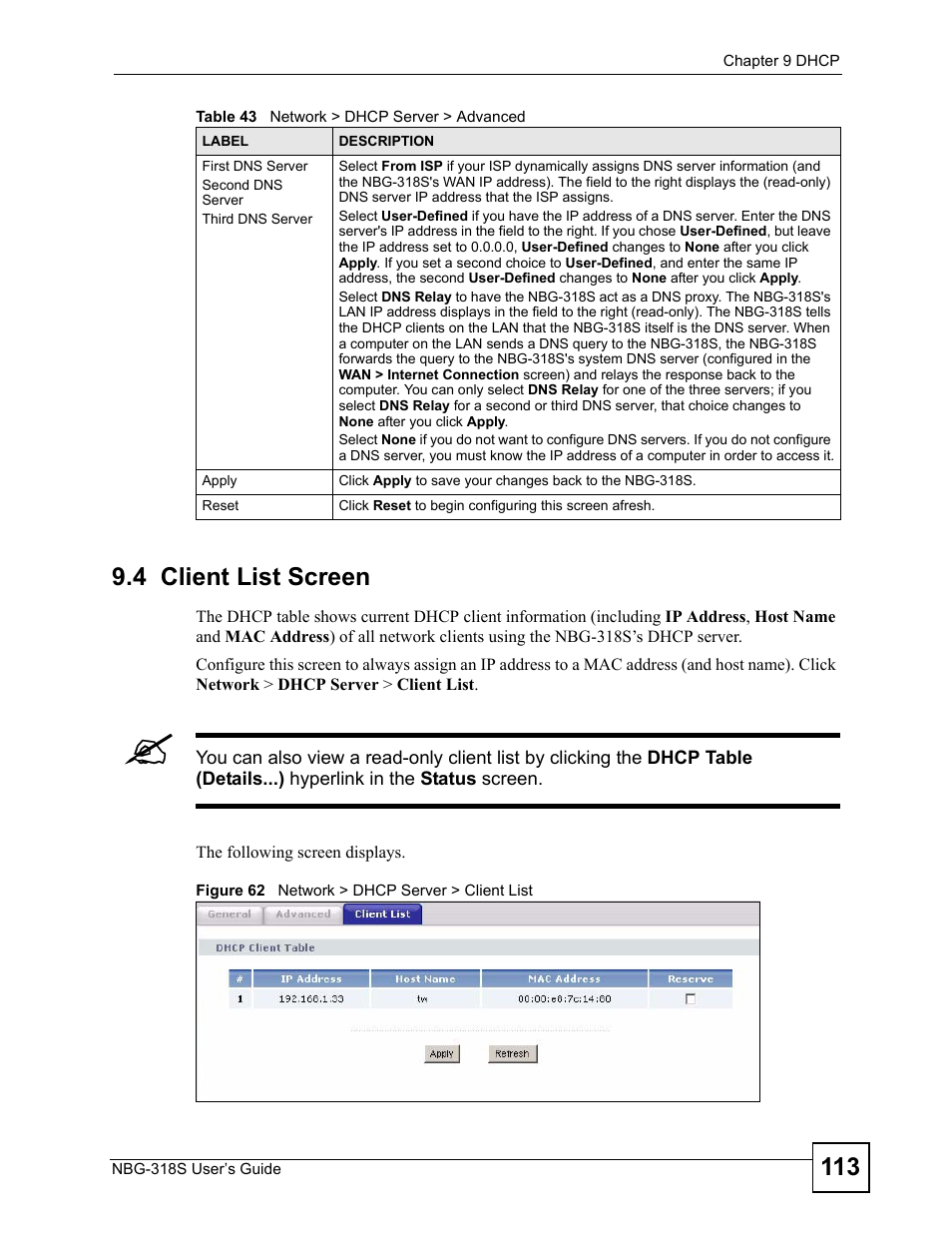 4 client list screen, Figure 62 network > dhcp server > client list | ZyXEL Communications NBG-318S User Manual | Page 113 / 286
