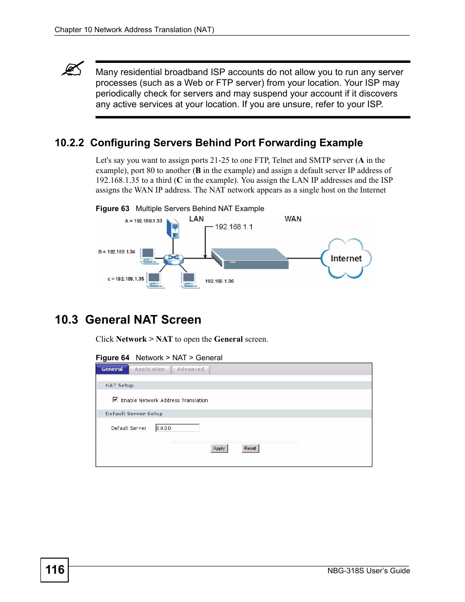 3 general nat screen | ZyXEL Communications NBG-318S User Manual | Page 116 / 286