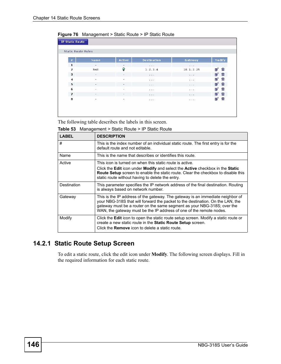 1 static route setup screen | ZyXEL Communications NBG-318S User Manual | Page 146 / 286