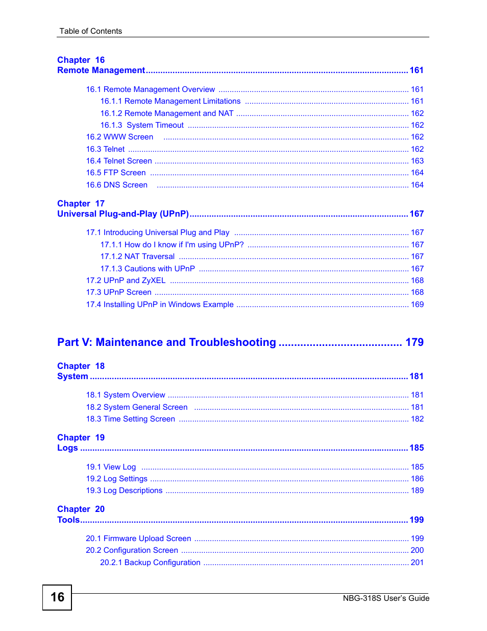 Part v: maintenance and troubleshooting | ZyXEL Communications NBG-318S User Manual | Page 16 / 286