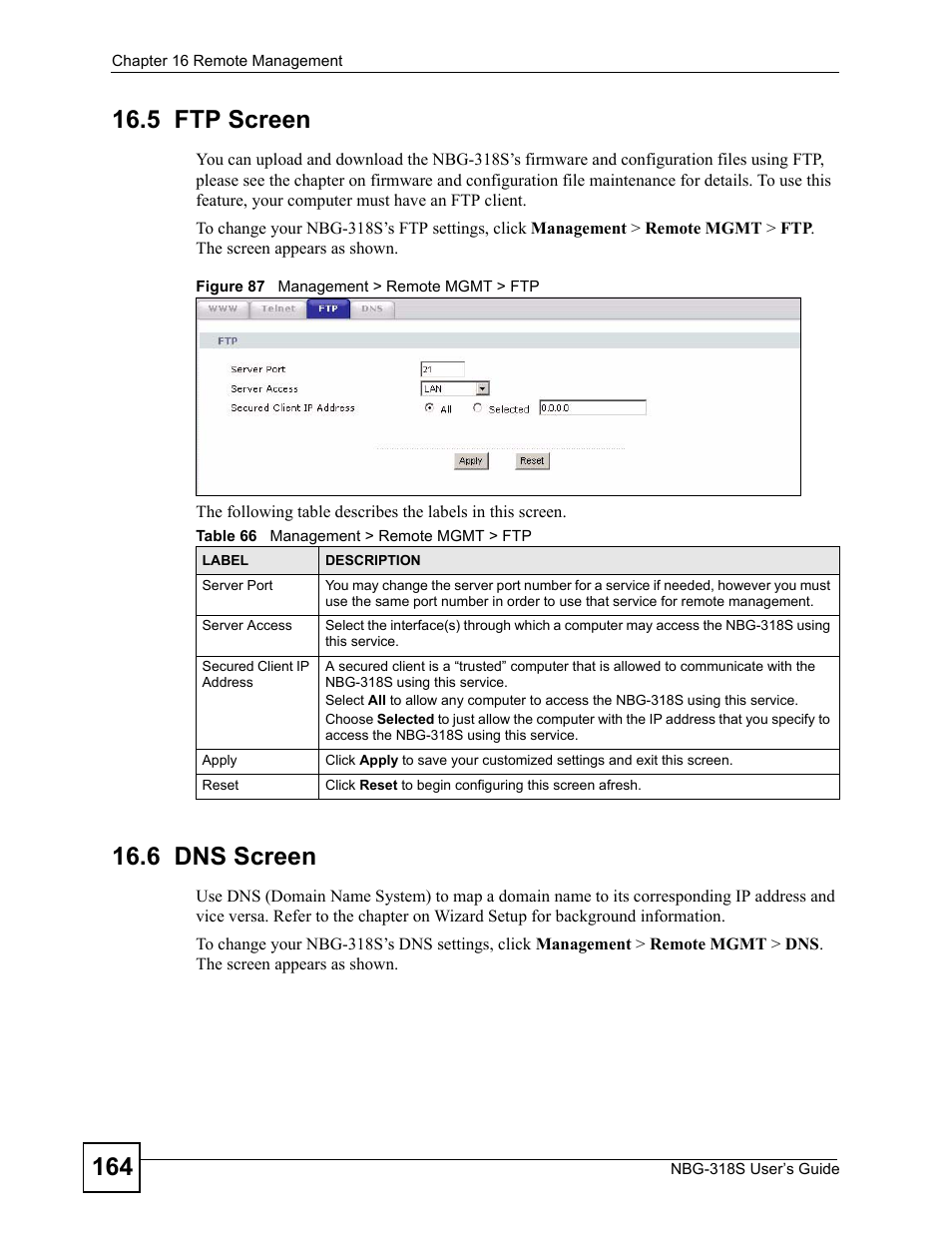 5 ftp screen, 6 dns screen, 5 ftp screen 16.6 dns screen | Figure 87 management > remote mgmt > ftp, Table 66 management > remote mgmt > ftp | ZyXEL Communications NBG-318S User Manual | Page 164 / 286