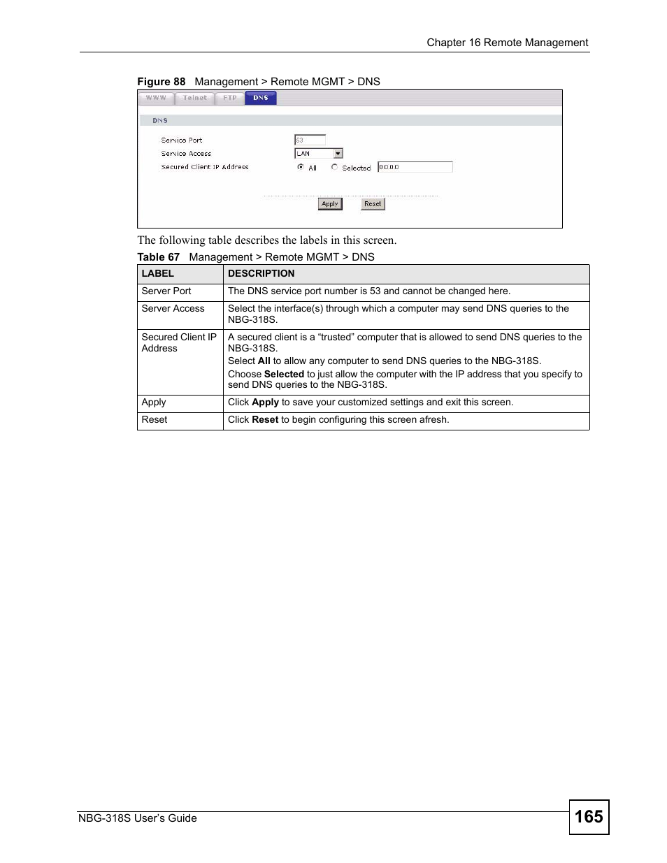 Figure 88 management > remote mgmt > dns, Table 67 management > remote mgmt > dns | ZyXEL Communications NBG-318S User Manual | Page 165 / 286
